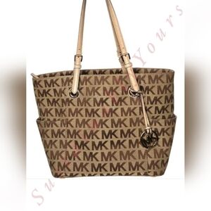 Michael Kors MK Signature Logo Tote Bag Brown Tan Canvas Leather Handbag Purse